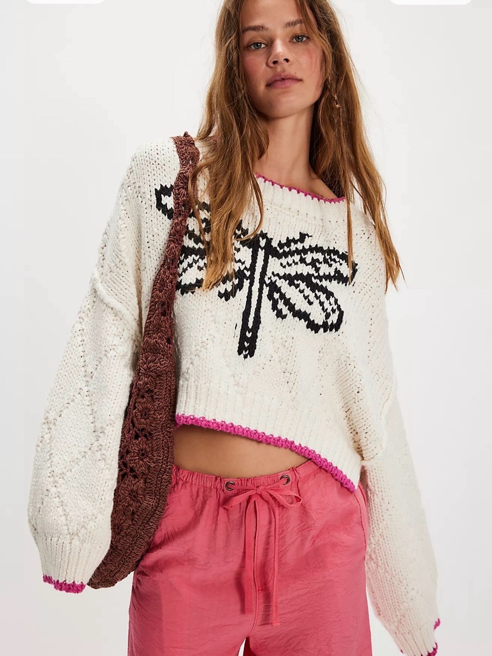 Free People Cream Knit Dragonfly Sweater with Pink Trim